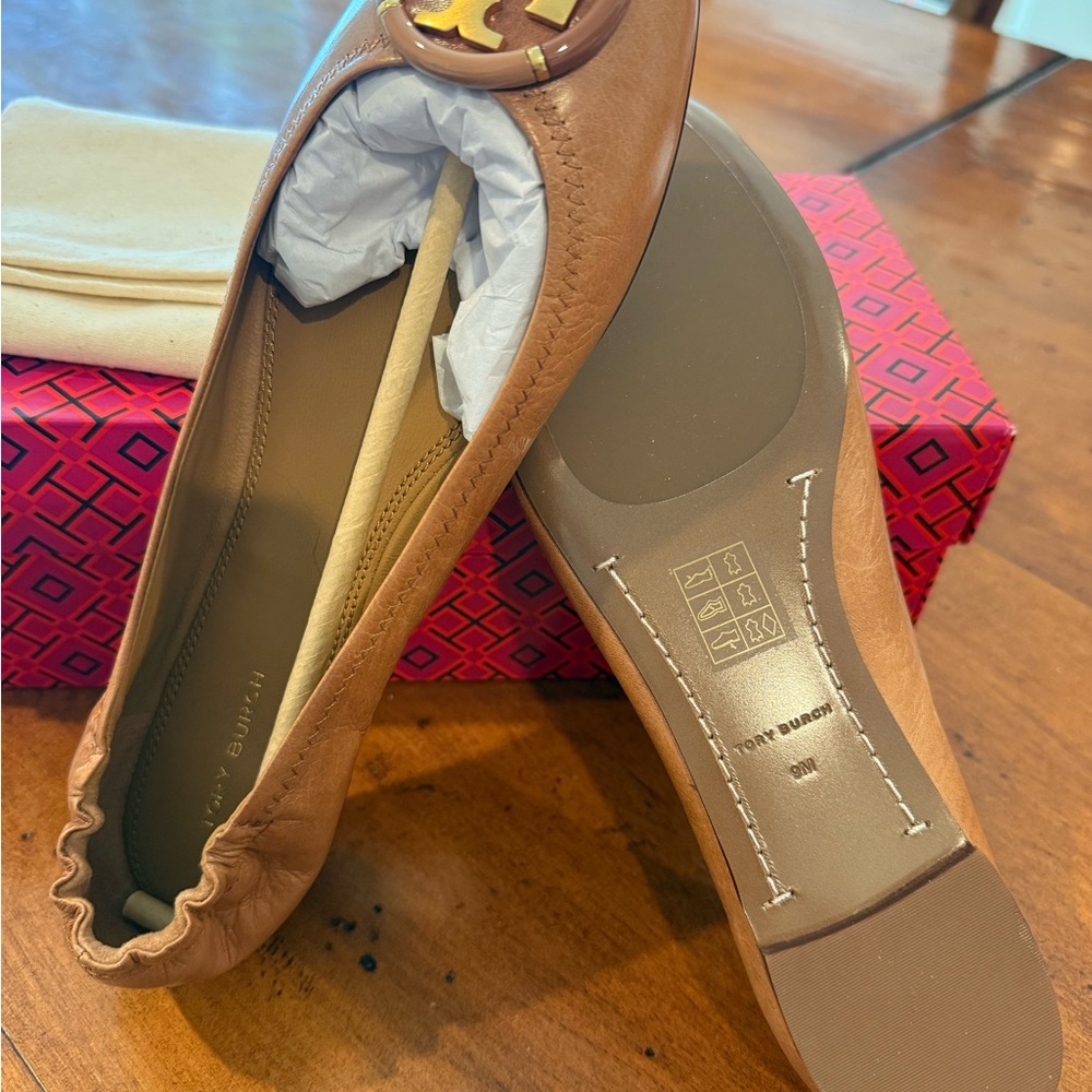 Tory Burch Tan Leather Logo Ballet Flats